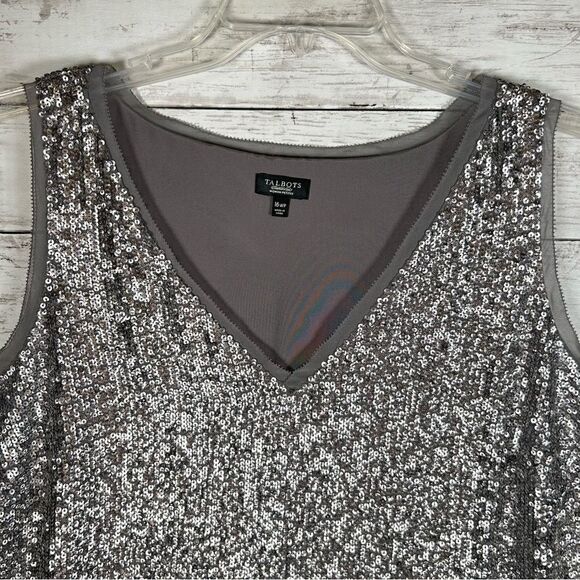 Talbots Silver Gray Gunmetal Bling Holiday Sequin V-Neck Cami Tank Sz 16WP - Picture 3 of 8